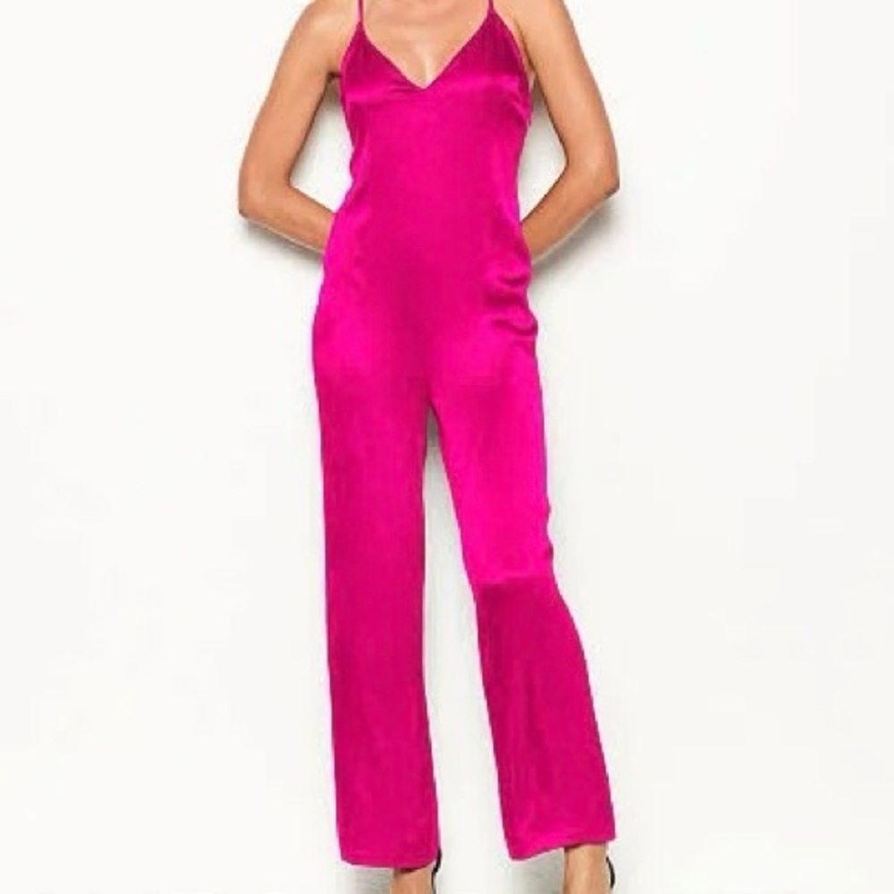 Victorias Secret Satin Jumpsuit Small Y2K Hot Pink McBling Glam Going Out Retro
